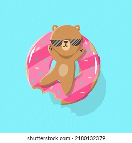 Oso de caricatura en la piscina en la cancha de nado para diseño, libros, impresos, diseño, afiche, tarjeta de felicitación, postal, tipografía