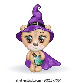 Cartoon bear with a potion and a broom in a purple witch hat and cloak. Halloween poster