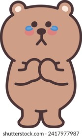 Cartoon bear praying in tears. Vector illustration isolated on a transparent background.