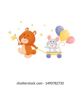 Cartoon bear pulling a wheelbarrow with a mouse. Vector illustration on a white background.