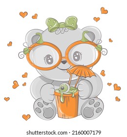 Cartoon bear with pumpkin cocktail. Vector illustration of Halloween animal. Cute little illustration Halloween bear for kids, fairy tales, covers, baby shower, textile t-shirt, baby book.