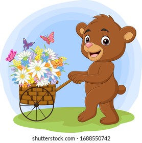 Cartoon bear pushing cart full of flowers