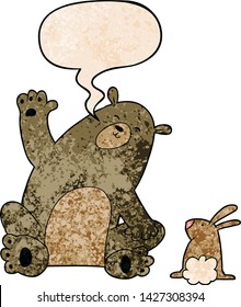 amigos de urso de desenho animado e coelho com balão de fala em estilo de textura retrô