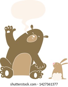 cartoon bear and rabbit friends with speech bubble in retro style