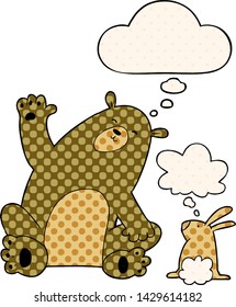 cartoon bear and rabbit friends with thought bubble in comic book style