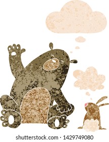 cartoon bear and rabbit friends with thought bubble in grunge distressed retro textured style