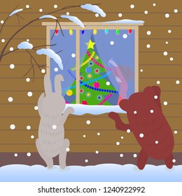Cartoon bear and rabbit look out the window, the girl decorates the Christmas tree. Vector image of the new year.