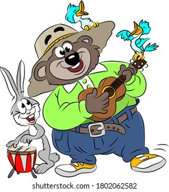 Cartoon bear and rabbit making music together vector illustration