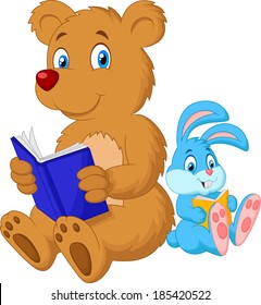 Cartoon bear and rabbit reading book