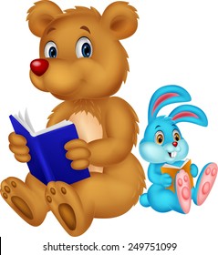 Cartoon bear and rabbit reading book