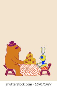Cartoon bear and rabbit sitting at the table and going to eat spaghetti. Vector illustration.