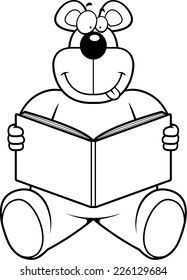 A cartoon bear reading a book and smiling.