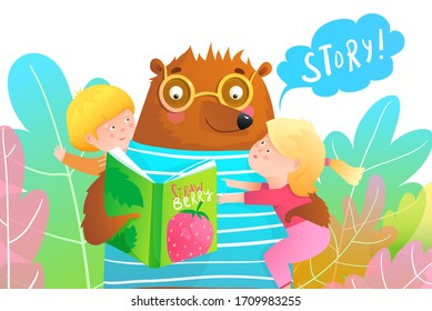 Cartoon bear reading a story from the book and holding two little smiling little kids a boy and a girl. Children asking a teacher animal to read a story. Colorful vector in watercolor style.