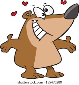 Cartoon bear ready to give a hug surrounded by hearts