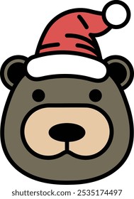 A cartoon bear with a red hat on its head. The hat is decorated with a red ribbon and a red bow