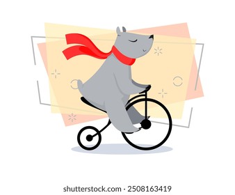 Cartoon bear in red scarf riding bike. Cute character, bicycle, activity. Animal concept. Can be used for topics like circus, show, sport