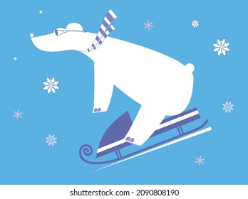 Cartoon bear rides on sledge illustration. 
Polar bear rides on sledge white on blue background
