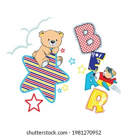 cartoon bear is riding a star in the sky