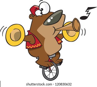 cartoon bear riding a unicycle and playing a horn and cymbals