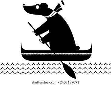 Cartoon bear sailing on a boat. 
Polar bear sailing on the boat. Black and white illustration
