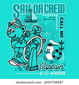 cartoon bear sailing to the sea, vector illustration