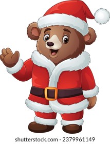 Cartoon bear in santa claus costume waving hand