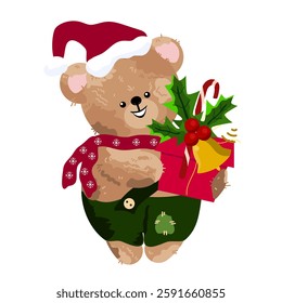 A cartoon bear in a Santa Claus hat holds in his paws a red box and holly leaves with a yellow bell.