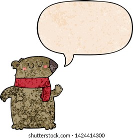 Cartoon-Bär mit Schal mit Sprachblase im Retro-Stil