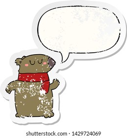 oso de caricatura con bufanda con burbuja de habla angustiado viejo pegatina