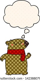 cartoon bear with scarf with thought bubble in comic book style