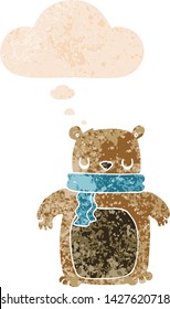 cartoon bear with scarf with thought bubble in grunge distressed retro textured style