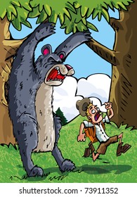 Cartoon of bear scaring a camper with a backpack