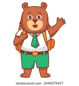 Cartoon bear schoolboy.A joyful cute tiger jumping cub in a school uniform with bag .Kid kawaii animal go to school.Animalistic childish character.Cute animal student.Line art vector.