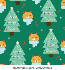 Cartoon bear seamless pattern with and Christmas elements. Cute Christmas wallpaper for cards, gift wrapping paper