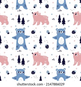 Cartoon bear seamless pattern. Cute color animals, trees and forest berries. Scandinavian print design. Grizzly characters and woodland spruces. Wild mammals. Vector