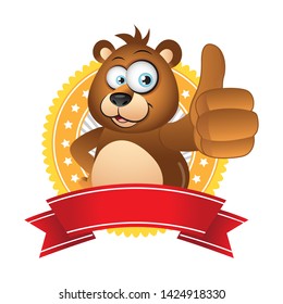 Cartoon Bear showing a thumbs up gesture with ribbon award 