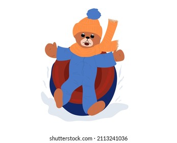 Cartoon bear sits in a tubing. A young bear child rides down a hill on an ice rink. Winter games, entertainment for children, outdoor walks. Colored flat illustration isolated on white background.