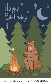 Cartoon bear sitting by a fire, perfect for nature-themed birthdays. Happy birthday card with a forest scene and moonlit night. Nighttime camping scene with trees, stars, and a warm fire glow