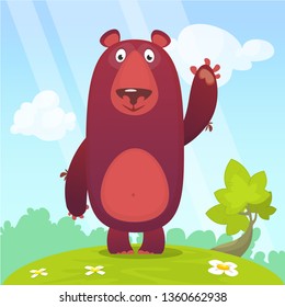 Cartoon bear sitting in the green summer meadow Vector illustration

