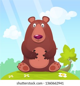 Cartoon bear sitting in the green summer meadow Vector illustration