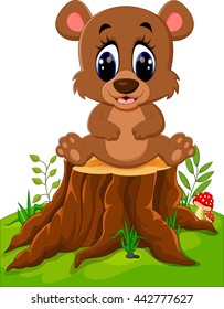 Cartoon bear sitting on tree stump