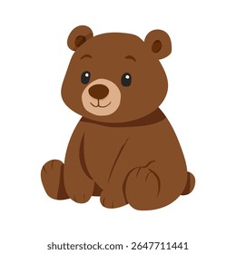 Um urso de desenho animado está sentado sobre um fundo branco. O urso está sorrindo e ele está feliz