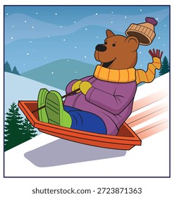 Um urso de desenho animado desliza por uma colina.