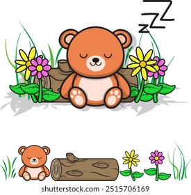 a cartoon bear sleeping in the grass with flowers and logs, eps 10, editable.