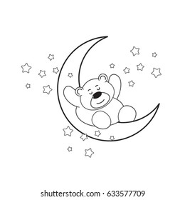  cartoon bear sleeping on half moon with little stars in black outline-vector drawing