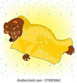 cartoon bear is sleeping under a blanket under the snowflakes card .vector illustration