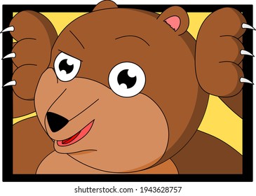 A cartoon bear with a smile on his face that looks like he is poking his head out through the computer screen with a yellow background. 