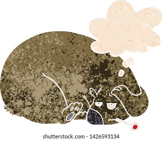 cartoon bear with a sore head with thought bubble in grunge distressed retro textured style