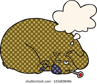 cartoon bear with a sore head with thought bubble in comic book style