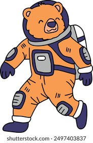 A cartoon bear in a spacesuit is jumping up and down. The bear is wearing a backpack and he is excited about something